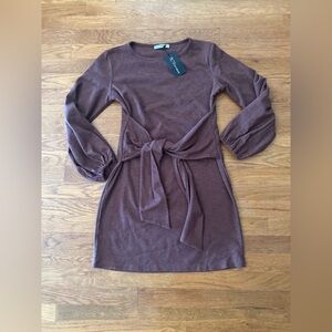 Chocolate Brown Long Sleeve Tie-Waist Ribbed Dress
